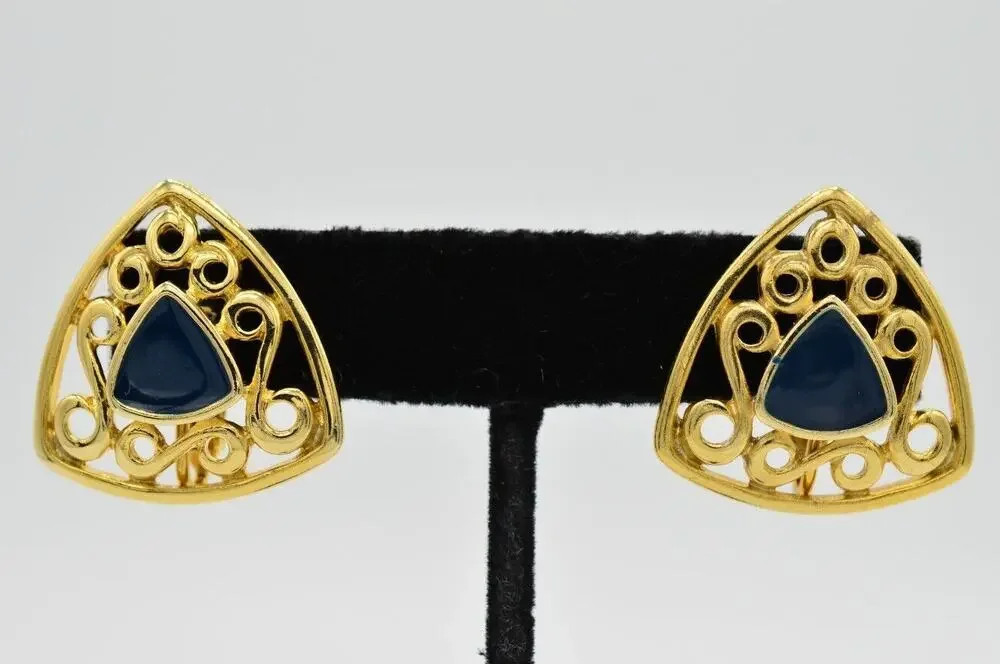 Vintage Triangle Clip Earrings Gold Tone Navy Blue Enamel Geometric NOS 1980s W4